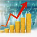 Stacks of coins and upward arrow.