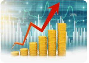 Stacks of coins and upward arrow.